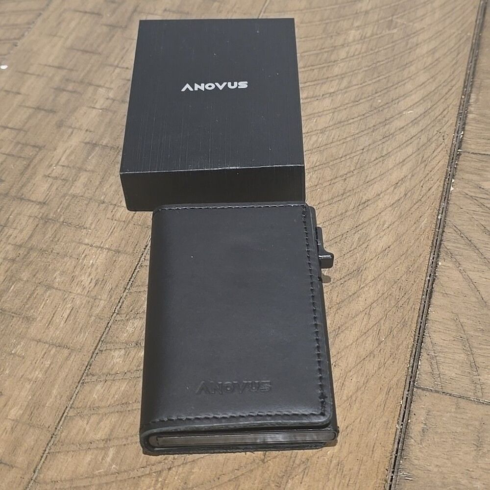 Anovus Wallet Black Minimalist Pocket-Sized Genuine Leather Holds Apple AirTag